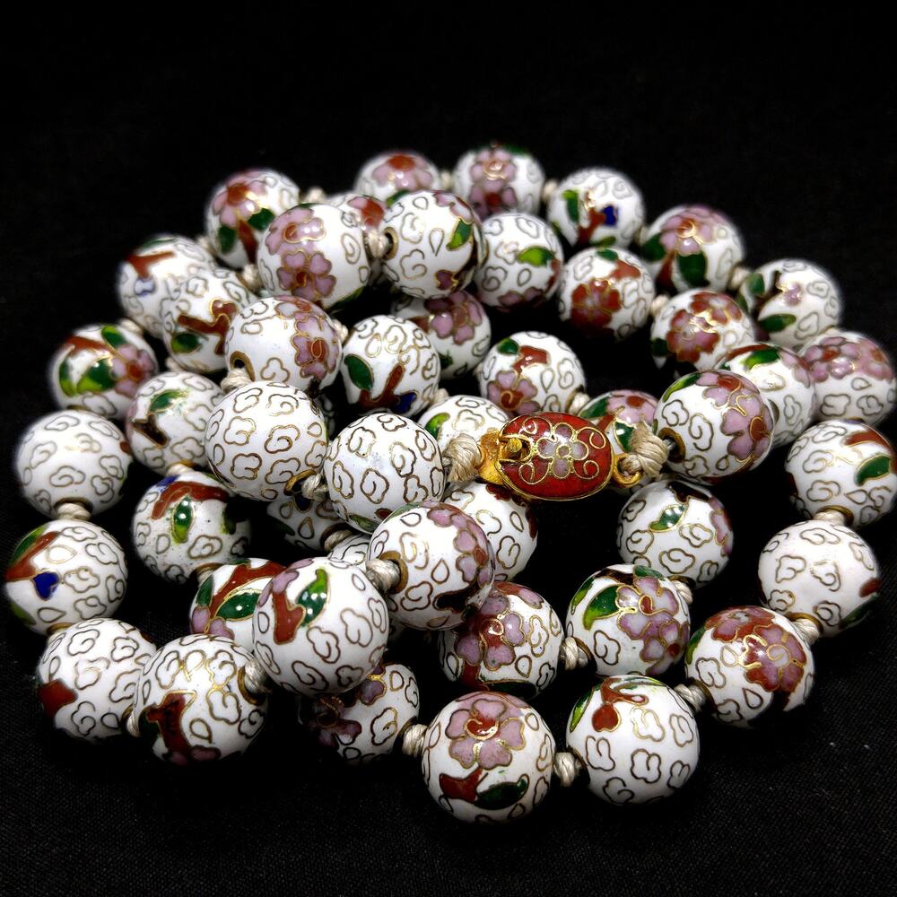 Vintage Cloisonne Beaded Necklace, Hand Knotted, Hand Painted Floral Beads 1960s